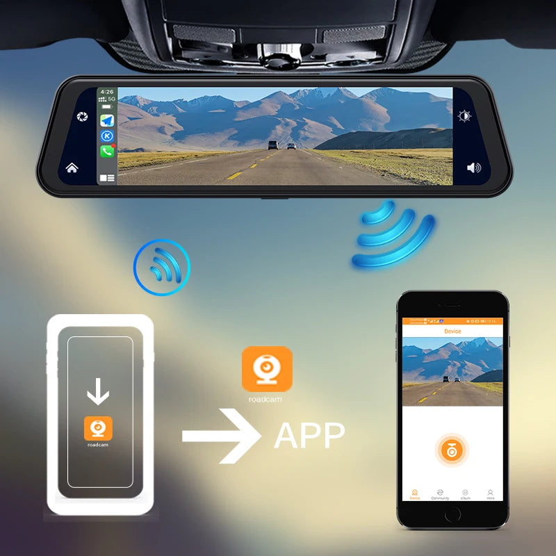 كاميرا داش كام 4K مع مرآة رؤية خلفية 12 بوصة ودعم CarPlay وAndroid Auto