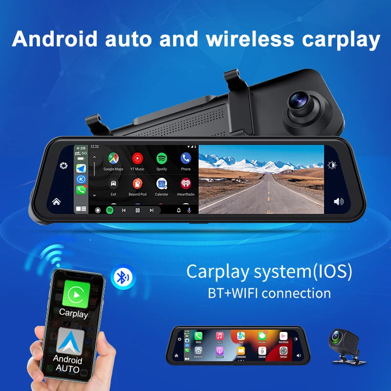 كاميرا داش كام 4K مع مرآة رؤية خلفية 12 بوصة ودعم CarPlay وAndroid Auto